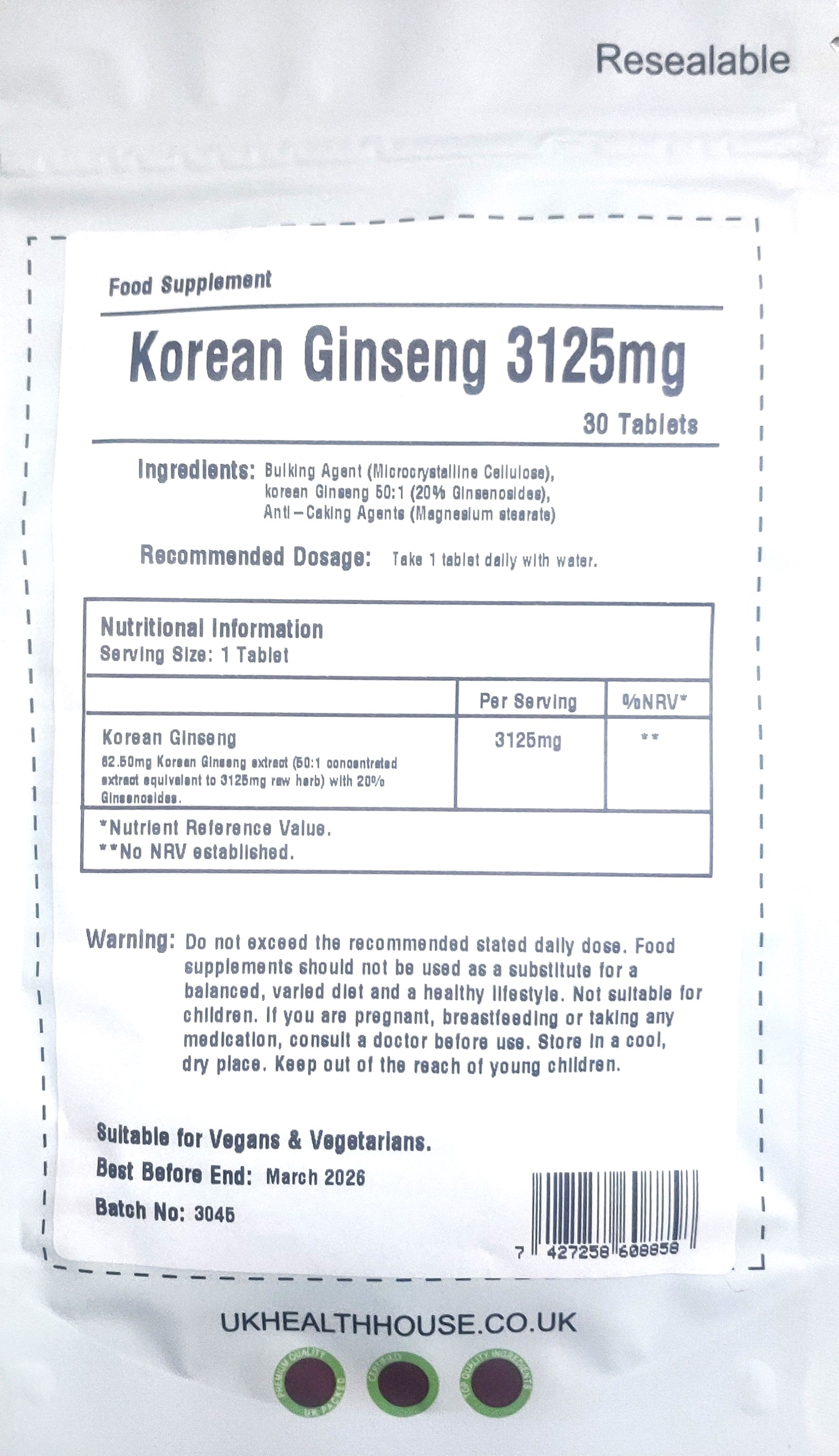 Korean Ginseng MAX 3125mg - 30 Tablets - Extra Potency Ginsenosides - Made in UK_img_1
