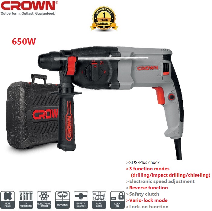 Crown CT18180 650w Rotary Hammer SDS-plus 20mm Model: CT18180