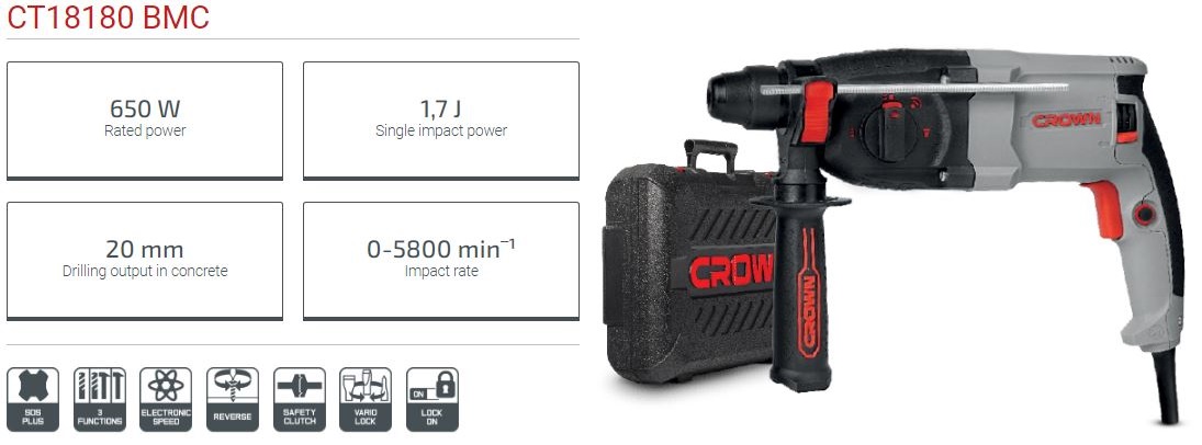 Crown CT18180 650w Rotary Hammer SDS-plus 20mm Model: CT18180_img_3