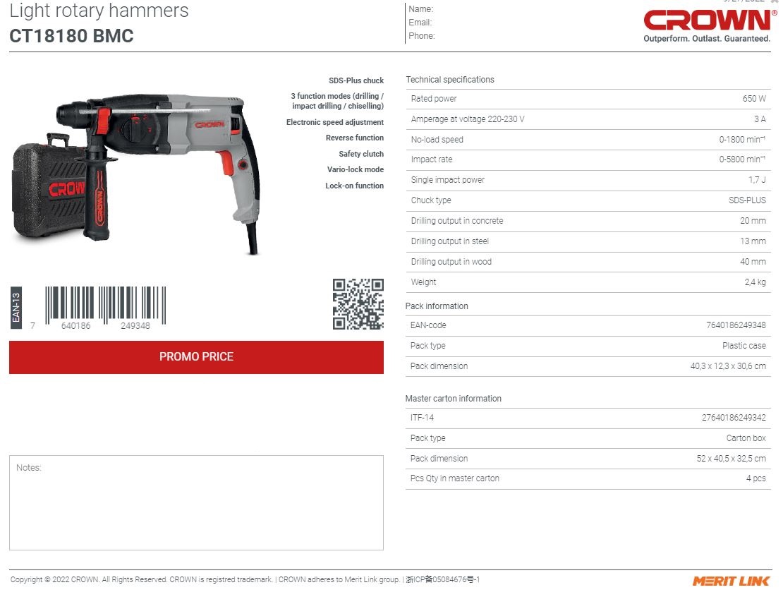 Crown CT18180 650w Rotary Hammer SDS-plus 20mm Model: CT18180_img_2