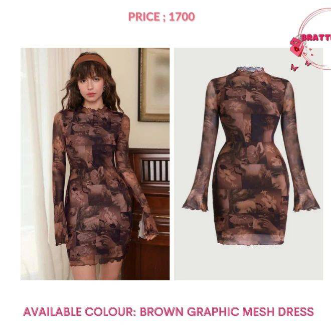 Brown Graphic Mesh Dress